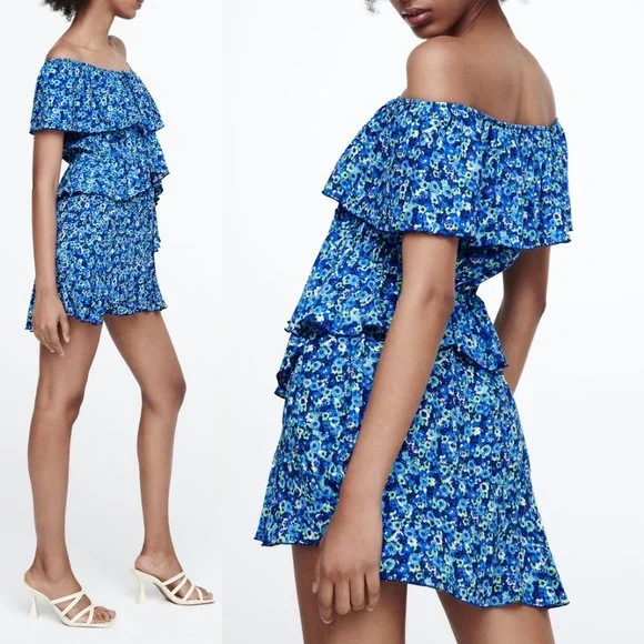 NEW Zara Blue Floral Off the Shoulder Cute Tiered Ruffle Dress Romper Jumpsuit M - Picture 3 of 9